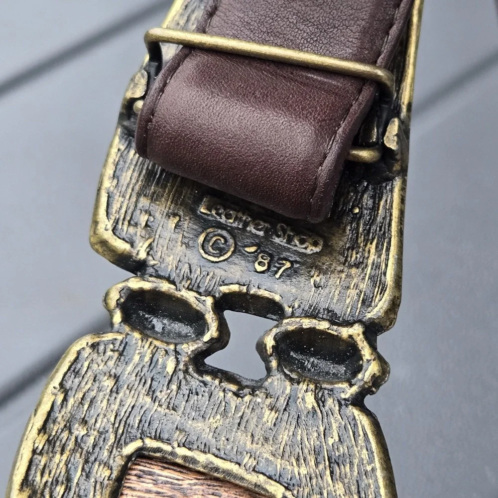 Vintage 80s 'Leather Shop' Brass Copper Tone Buckle Statement